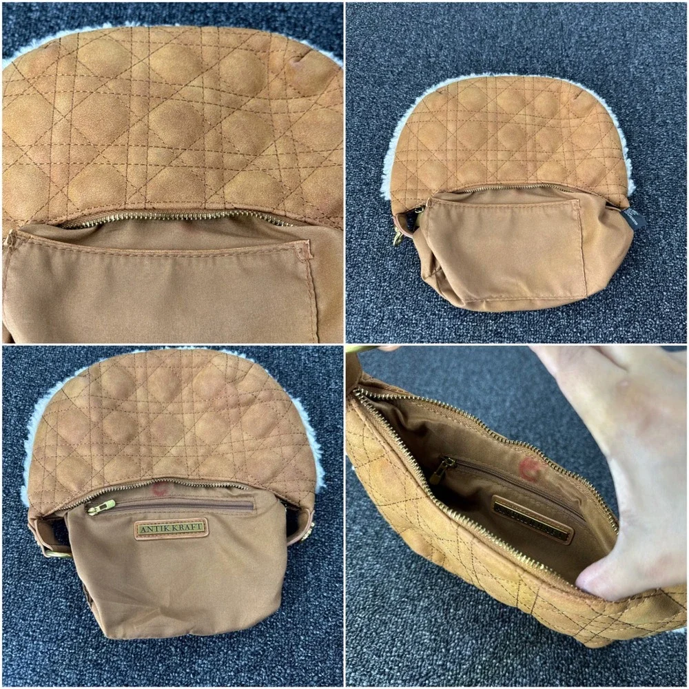 Antik Kraft Quilted Sherpa Trim Crescent Hobo Bag Women Small Tan GOOD